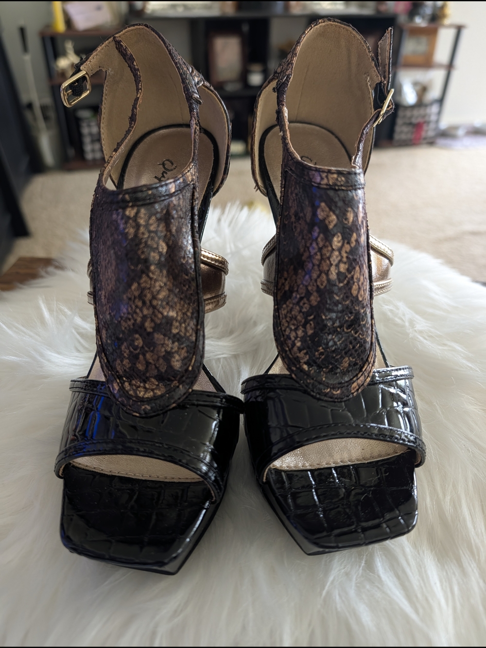 Women's Black Croc & Metallic Snake-Print High Heel Sandals